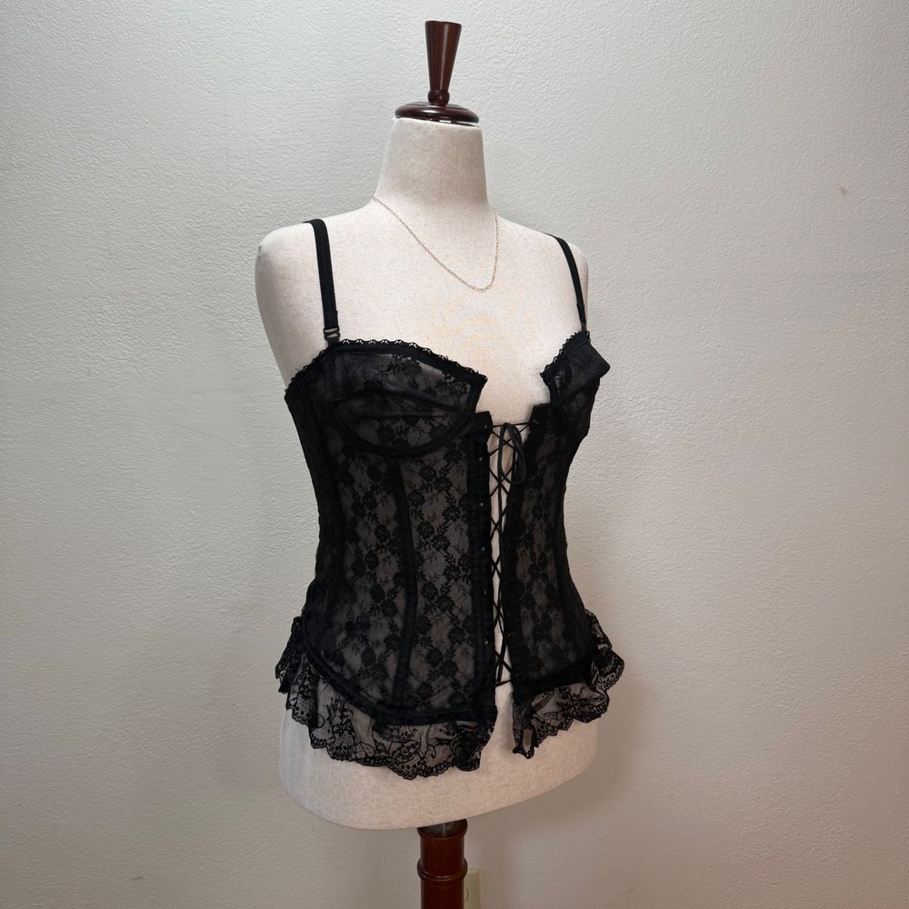 Vintage Frederick's of Hollywood Sheer Black Lace Burlesque Bustier Corset Set - Picture 1 of 14